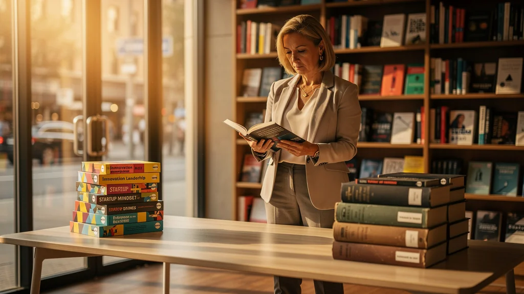 Femme choisissant des nouveautés business à garder ou reposer en librairie dans un décor moderne et chaleureux