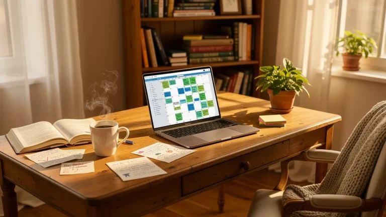 Bureau lumineux avec carnet, laptop et notes illustrant l’impact d’une méthode essayée sur mes semaines