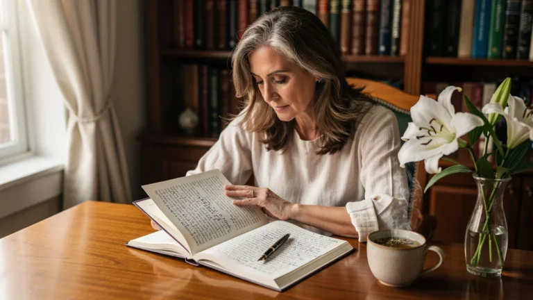 Femme mature lisant un best-seller de leadership, ambiance calme et réflexion profonde sur la lenteur