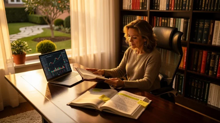Femme de 49 ans lisant un livre business dans un bureau chaleureux, réflexion sur la lecture intégrale
