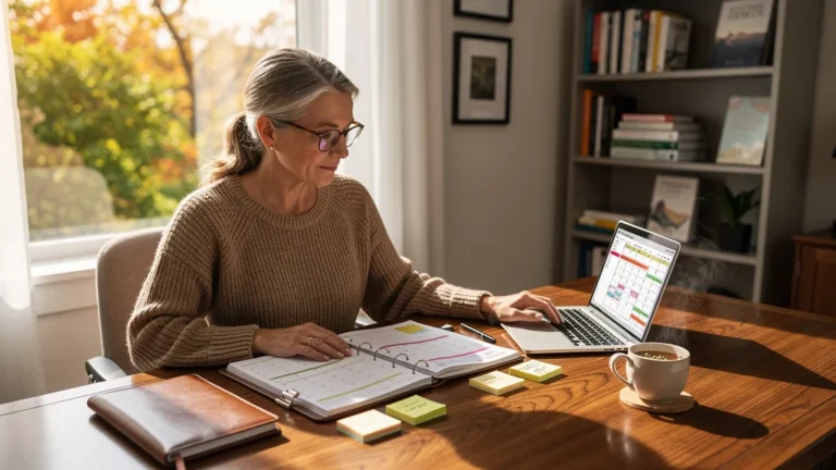 Femme de 49 ans organisée dans son bureau, méthode best-seller pour gérer un mois chargé