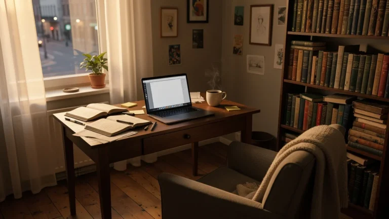 Intérieur matinal réaliste d’un appartement chaleureux illustrant la routine quotidienne d’une rédactrice de 49 ans
