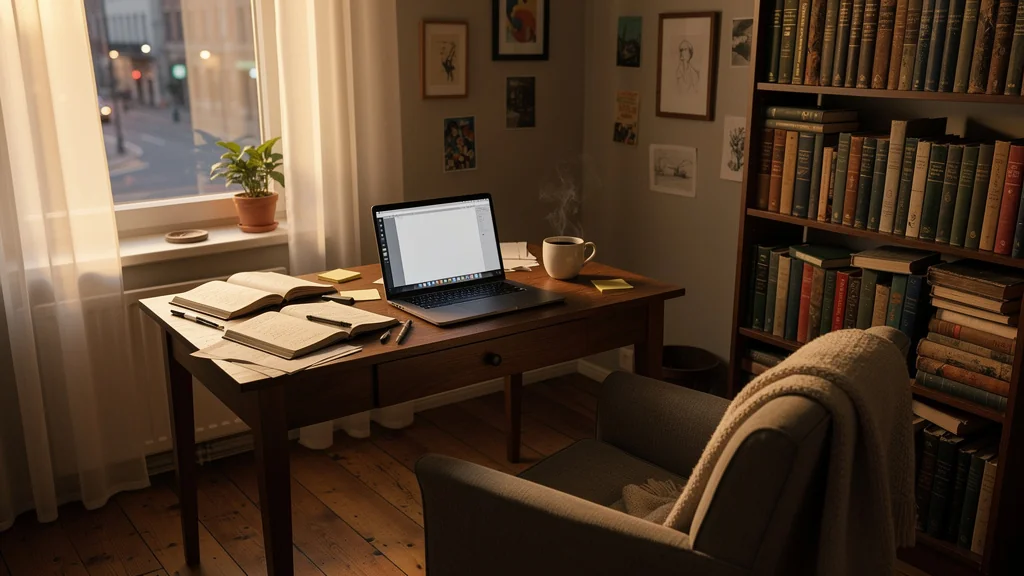 Intérieur matinal réaliste d’un appartement chaleureux illustrant la routine quotidienne d’une rédactrice de 49 ans