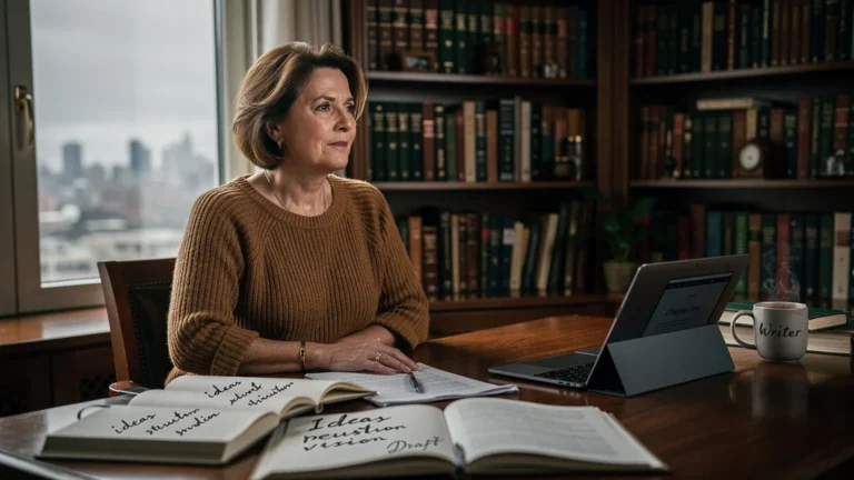 Portrait réaliste d'une rédactrice de 49 ans dans son bureau, illustrant le mythe du dirigeant visionnaire