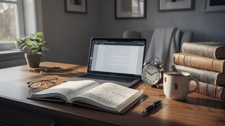 Bureau organisé au matin illustrant le travail en blocs de temps, méthode éprouvée par la lectrice rédactrice