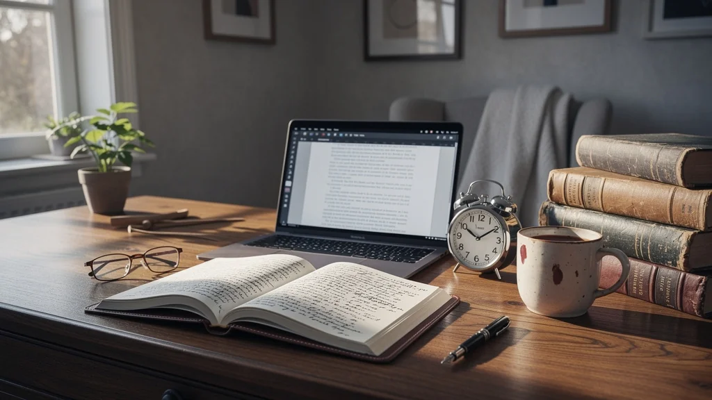 Bureau organisé au matin illustrant le travail en blocs de temps, méthode éprouvée par la lectrice rédactrice
