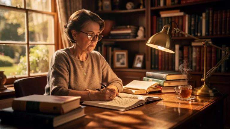 Femme de 49 ans réfléchissant sur des livres de productivité dans un bureau lumineux et chaleureux