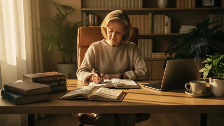 Femme réfléchissant en relisant un classique du management dans un bureau lumineux et organisé