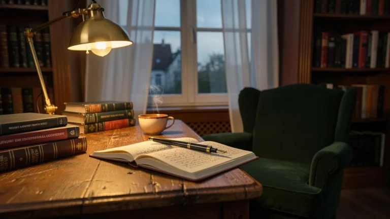 Bureau chaleureux au crépuscule illustrant l'importance des récits d'entrepreneur face aux manuels de stratégie