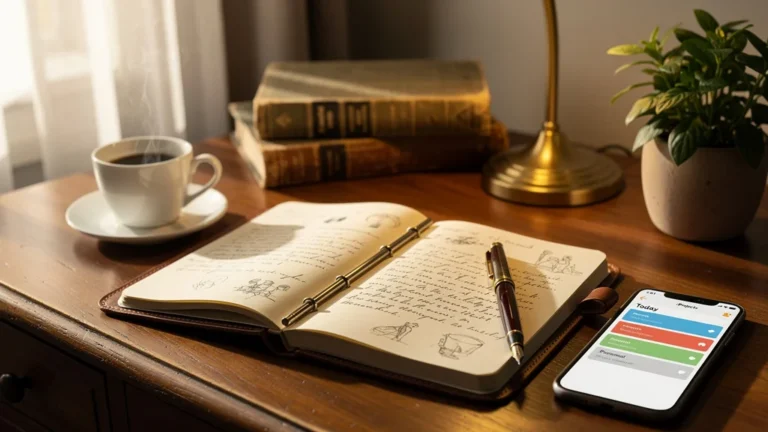 Carnet vintage ouvert sur bureau en bois avec smartphone affichant application de tâches, lumière douce et ambiance chaleureuse