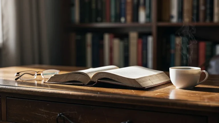 Bureau moderne éclairé naturellement avec un livre classique de management ouvert et tasses de café