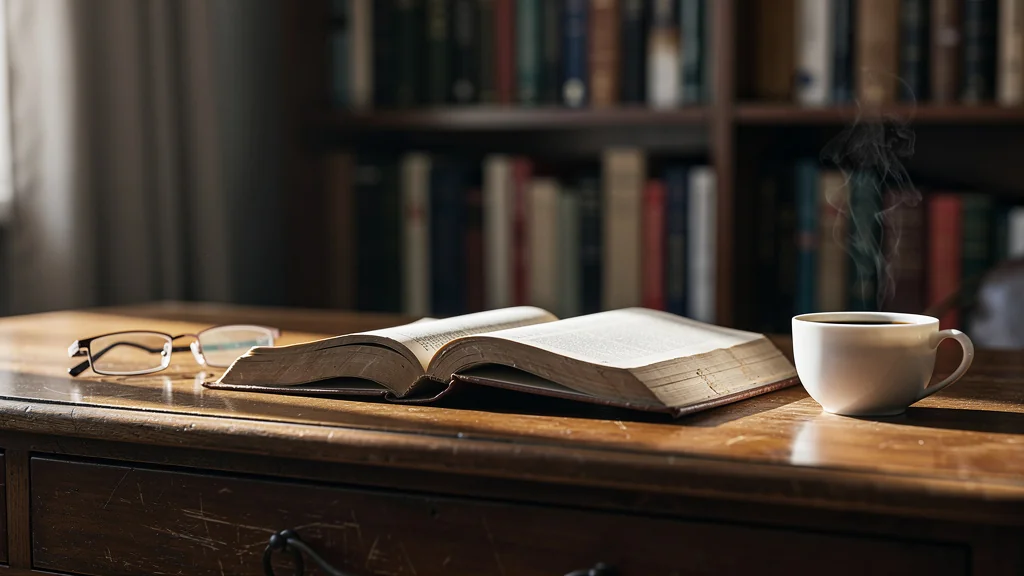 Bureau moderne éclairé naturellement avec un livre classique de management ouvert et tasses de café