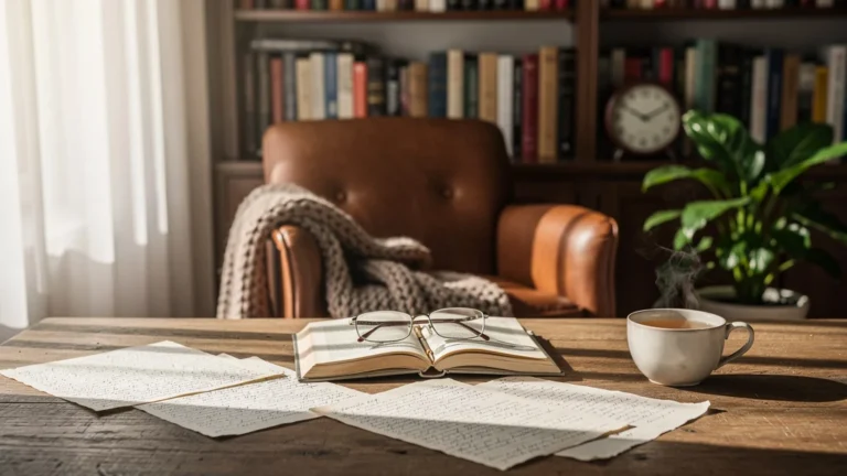 Coin lecture lumineux illustrant la productivité par faire moins dans un bureau moderne chaleureux