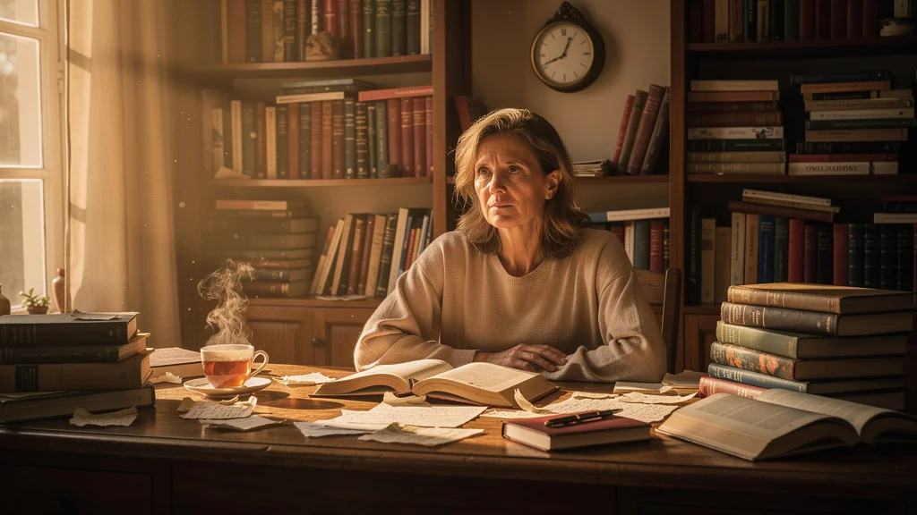 Femme de 49 ans dans un bureau chaleureux, entourée de livres, illustrant la perte de régularité en appliquant un seul livre